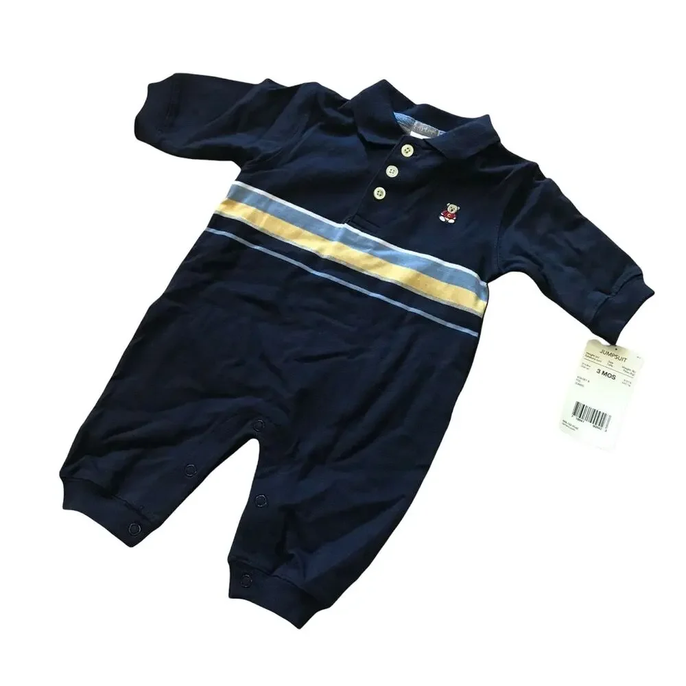 Carter's Boys Romper‎ Size 3 Mo Navy Striped Jumpsuit Blue Yellow Playsuit NEW